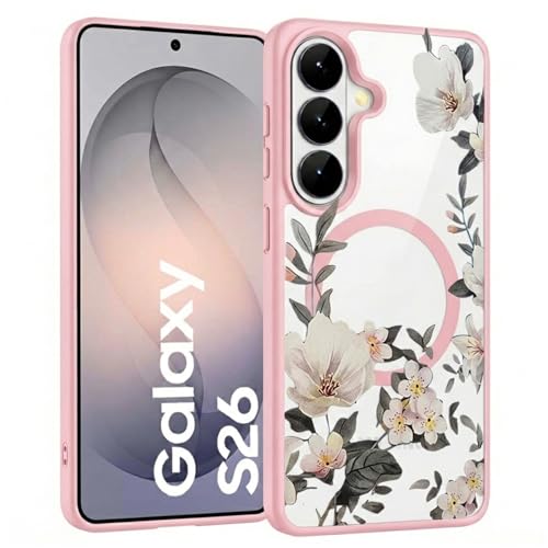 Image of VONZEE Compatible with Samsung Galaxy S26 5G Case Luxury Retro Flowers Floral Clear for Magnetic Wireless Charging Case Shockproof PC+TPU Cute Glossy Shiny Cover for Girls Women, Pink