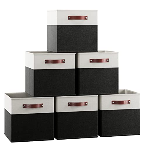 Image of Ornavo Home 13 x 13 Storage Cube Bins, Foldable Collapsible Fabric Storage Bins Box Linen Shelf Basket Cube Organizer for Closet with Leather Handles, 6 Pack, White/Black
