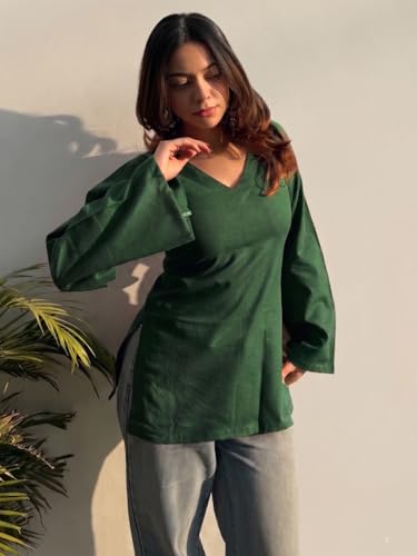 Image of ANNI Designer Short Kurti for Women Solid Design | V Neck Full Sleeve Kurti Tops for Women | Stylish Kurtis & Short Kurtis for Woman | Casual Kurti with Jeans | Kurtas for Woman