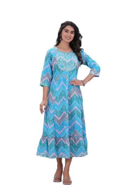 Traditional Embroidered Anarkali Gown, Pink and Blue Orange Chevron, Navy Blue Floral, Maroon and Black Printed, Long Floor Length, Rayon, M to XXL-image-5