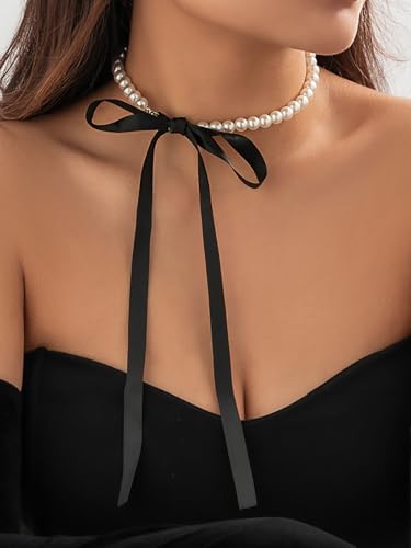Boho Pearl Bow Choker Necklace Black Long Ribbon Bow Collarbone Chain Vintage Pearl Beaded Choker Necklace Birthday Party Jewelry for Women (Black)2