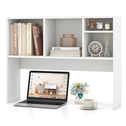 COSTWAY Desktop Bookshelf, Wooden Countertop Storage Hutch Bookcase with Open Back Compartment, Free Style Tabletop Display Shelf Rack for Home Office (White, 94 x 25 x 73 cm, 4)