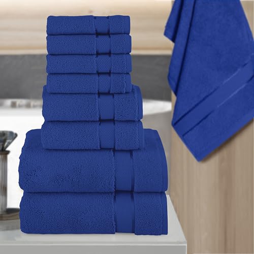 Image of Elegant Comfort Premium Cotton 8-Piece Towel Set, Includes 4 Washcloths, 2 Hand Towels and 2 Bath Towels, 100% Turkish Cotton - Highly Absorbent and Super Soft Towels for Bathroom, Royal Blue