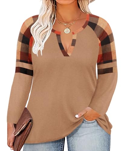 Image of CARCOS Plus Size Tops for Women Long Sleeve Fall Tunic Color Block Camo /Plaid /Leopard /Fall Blouse Crewneck Tshirt XL-5XL