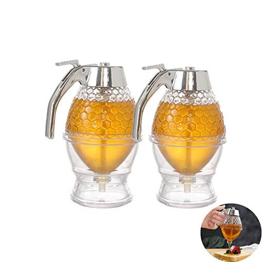 XIZHI Honey Dispenser,Syrup Dispenser, Acrylic Syrup Dispenser, Beautiful Honeycomb Honey Jar, Honey Jar With Stand 2 Pack