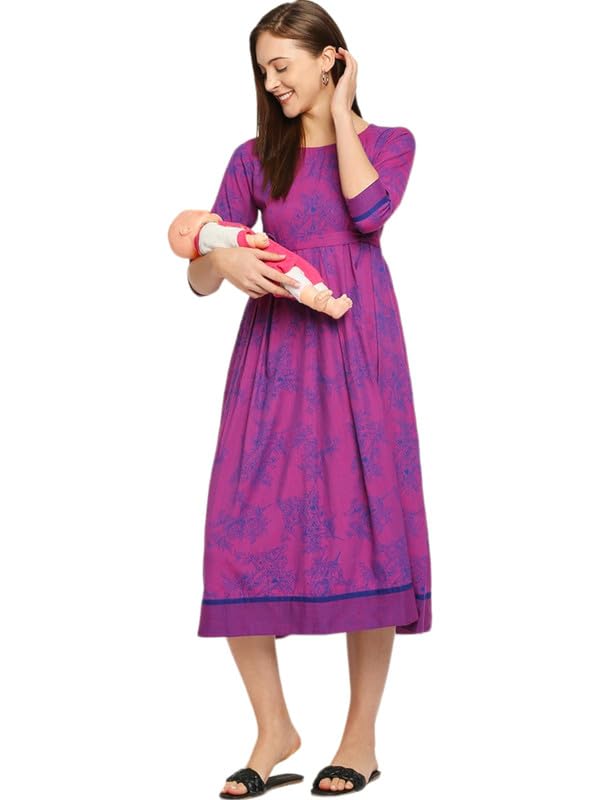 Image of DUMMY SHAPE Maternity Dresses for Women Cotton | Feeding Anarkali Kurta with Concealed Nursing Zippers for Pre & Post Pregnancy | Mom to Be Gifts (DS-MAT-P054 M, Purple)