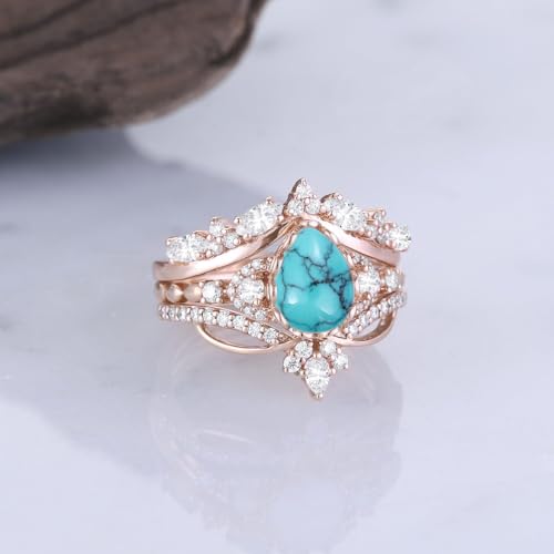 Vintage Gemstone Ring Set S925 10k 14k 18k 1.25CT Pear Cut Gemstone Engagement Ring Set for Women, Cluster Moissanite Bridal Set 3PCS Ring Set, Curved Wedding Ring Set Promise Anniversary For Her3