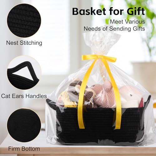 Image of OIAHOMY Woven Basket, Gift Basket Empty with Gift Bags and Ribbons, Rope Baskets for Baby Showers, Storage Baskets with Handles for Nursery, Pet Toy Organizer- Black