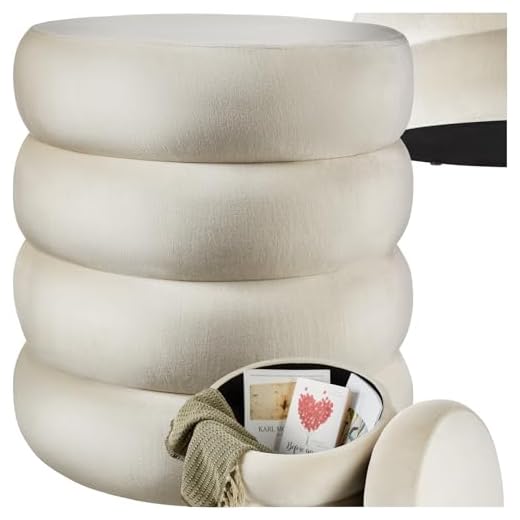 TecTake® Tabouret Repose Pied Pouf avec Rangement Pouf Salon Velours Crème Ø42x47cm jusqu'à 120 kg Design scandinave Cosy pour Coiffeuse, Salon, Chambre, Bureau, entrée, Maquillage Coffre de Rangement