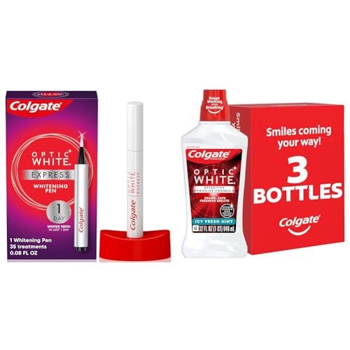 Colgate Optic White Express Teeth Whitening Pen with 35 Treatments, Enamel Safe & Optic White Whitening Mouthwash, 2% Hydrogen Peroxide, Fresh Mint, 32 Ounce, 3 Pack (Packaging May Vary)