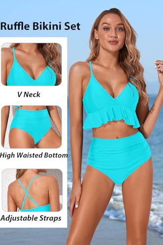 Image of Women Ruffle Bikini Set High Waisted Tummy Control Two Piece Swimsuits | Ruffle,High Waisted,Tummy Control,Removable Bra Pads,Adjustable Shoulder Straps,Full Coverage
