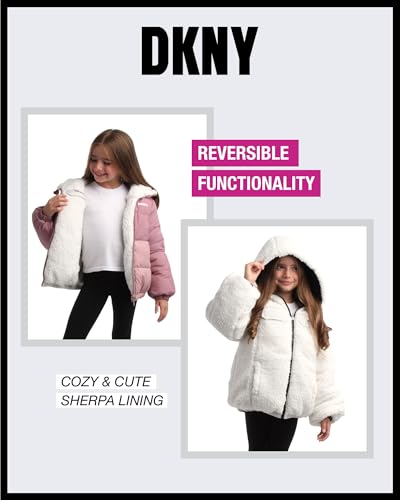 DKNY Girls' Reversible Puffer Jacket - Quilted Bubble to Sherpa Hooded Winter Coat - Warm Outerwear Jackets for Girls (7-16)4