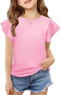 Imily Bela Girls Ruffle Sleeve Shirts - Pink Crewneck Eyelet Tops for Ages 4-15 Years