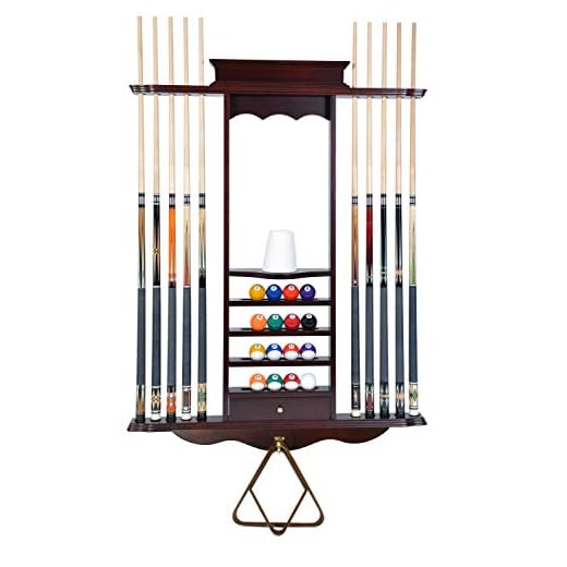 ISZY Billiards Pool Stick Holder Wall Mount - Cue Rack Only w/Chalk Holder, Holds 10 Cues & Full Ball Set - Billiards Accessories – Mahogany
