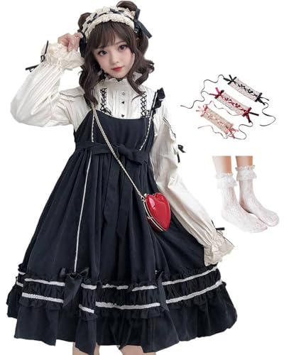 [JIURUN] ワンピース ロリータ 長袖 ゴスロリ コスプレ アニメ 森ガール ロリータ 大きいサイズ ドレス 女装 服 cosplay lolita ゴシック ワンピース ジャンパースカート かわいい コスプレ ブラウス クリスマス ハロウィン お嬢様 蝶結び (L, ブラック 長袖)