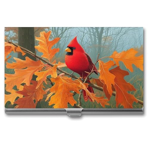 Red Bird on Oak Tree Orange Leaves Business Card Holder Pocket Slim Portable Metal Business Card Case