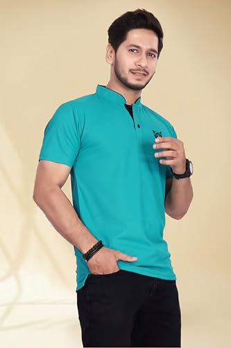 Image of BAGHADBILLO Men's and Boy's Polyster T-Shirt with Mandarin Collared Neck Half Sleeves Closuer Button and Regular Fit | Polo t Shirt for Man