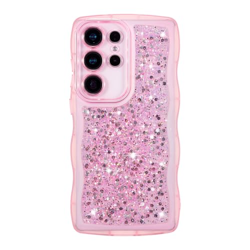 ZTOFERA Wavy Case for Samsung Galaxy S21 Ultra 5G (6.8"), Cute Girly Clear Curly Wave Frame Glitters Shiny Sequins Aesthetic Phone Case Soft TPU Lightweight Shockproof Bumper Protective Cover - Pink