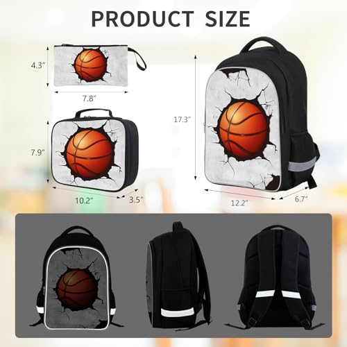 American Football Soccer Basketball Boys Backpack with Lunch Box and Pencil Case for Kids Children Teens Elementary Middle School,3-In-1 Sports Backpack Set for Ages 6-18,Travel Backpack-Basketball4