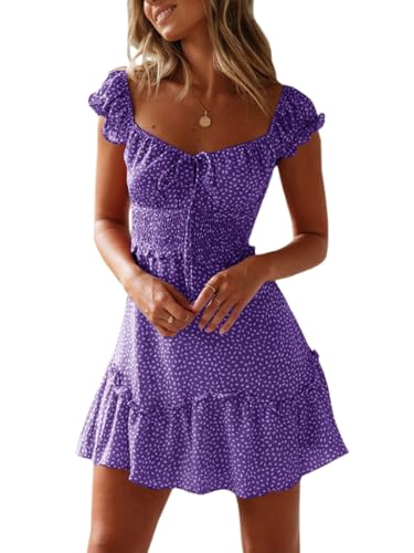 Image of Valphsio Womens Smocked Dress Ruffle Floral Tie Front Boho Short Dresses