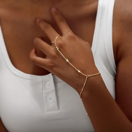 Bracelets for Women,14K Gold/Silver Plated Dainty Hand Chain Bracelets Trendy Ring Chain Bracelet Charm Gold Cuff Bangle Stackable Bracelets Fashion Body Jewelry Adjustable Waterproof Gifts for Her3