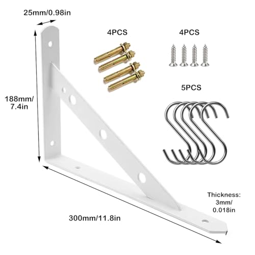 Shelf Brackets Heavy Duty Triangle Shelving Brackets Right Angle Wall Mounted Shelf Supporters 8 inches&12 inches 2 Pack (White 300mm x 188mmx 25mm) - Image 3