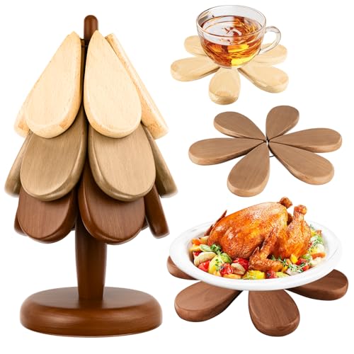 Trivets for Hot Dishes 3 Color Hot Pads for Kitchen Decorating Space Saving Christmas Coasters Tree Christmas Wood Tree Trivet Protects Desktop for Kitchen Potholders Hot Dishers Teapots