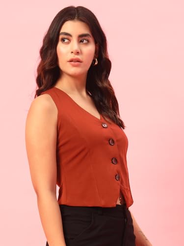 Image of Trend Arrest.ed Women's V-Neck Waistcoat | Button-Down Sleeveless Top | Premium Stretchable Lycra Formal & Casual Layer