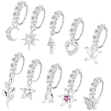 Telooco Dangle Nose Rings Hoops 10Pcs Dangling Nose Piercing Jewelry Butterfly Heart Star Moon Cute Nose Rings for Women