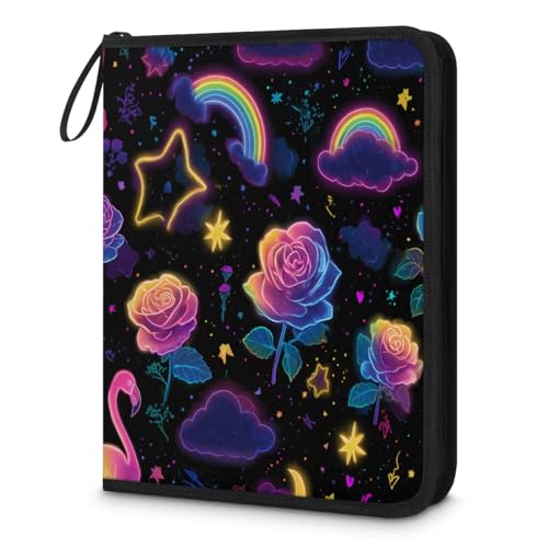 Kuquteed Cartoon Rose Trading Card Binder 4 Pocket 400 Cards Holder Collector Album with 50 Removable Sleeves Toys Gifts for Boys Girls Neon Stars Rainbow Sports Game Cards