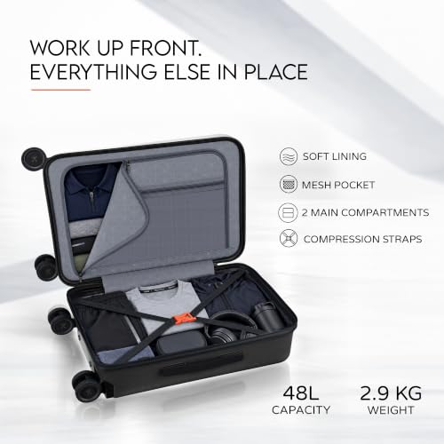 HRX Transit Cabin Size Black Polycarbonate Hard Shell Suitcase with Front Laptop Compartment - Premium Travel Trolley Bag with 8 Spinner Wheels, Number Lock & Water Resistant Body - Image 8