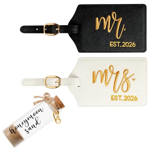 Mr. & Mrs. Luggage Tags & Honeymoon Beach Sand Keepsake Set Wedding Bridal Shower Engagement Gifts for Couples (Black/White Gold Est 2026)