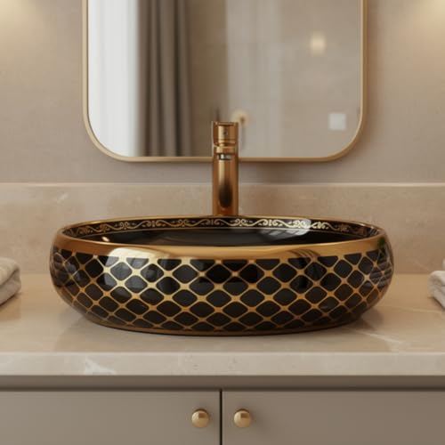 Image of Wallace Luxury Oval Table Top Wash Basin 60x40x15 cm | Premium Ceramic Countertop Vessel Sink with Gold Rim & Geometric Pattern | Over Counter Designer Bathroom Basin Black & Gold