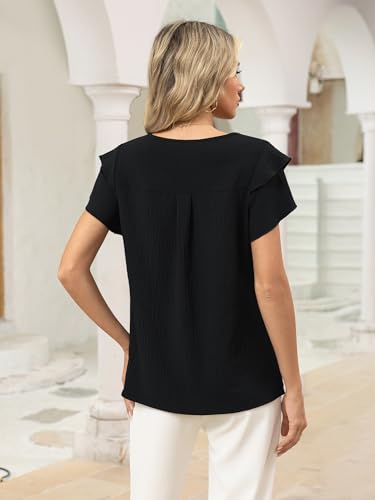 Funlingo Womens Dressy Casual Tops Summer Business Work Blouses Ruffle Short Sleeve Crew Neck Pleated Shirts Trendy Outfits 2026 Black S — view 4