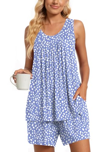 TAOHUADAO Womens Summer 2 Piece Pajama Sets, Sleeveless Pleated Tunic Tops with Comfy Shorts, Lounge Sleepwear Ladies Pjs Sets with Pockets M, Spot Blue
