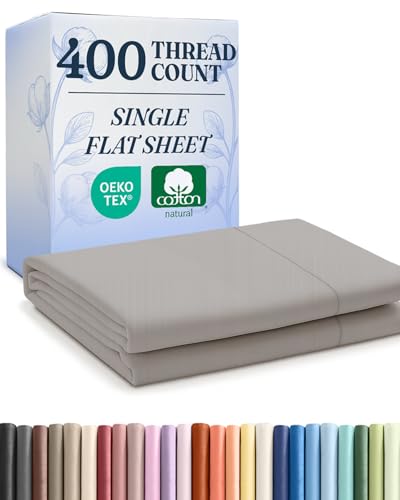 Queen 400 Thread Count 100% Cotton Flat Sheet - Comfortable, Cooling & Breathable Cotton - Top Flat Sheet Only - Luxury Hotel Quality Bedding - Soft and Comfy - Easy Care, Wrinkle Free - Light Grey