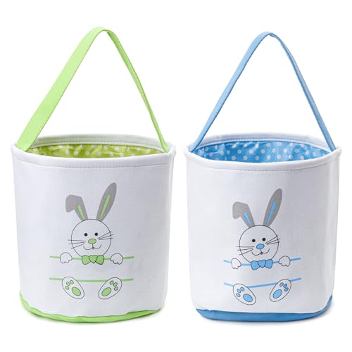 Image of CHOIEO Easter Bucket, Bunny Face Print Basket, Easter Basket with Handle, Blue+Green