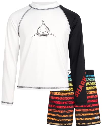 Big Chill Boys' Rash Guard Set - 2 Piece Upf 50+ Swim Trunks And Short Sleeve Swim Shirt (4-14), Size 10/12, Tie Dye White Shark #TOP1