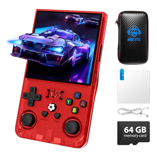 Image of R36MAX Handheld Game Console, Retro Gaming Console with 4000mAh Battery 4.0 inchIPS Screen, Open Source Linux System, with 64GB TF Card Portable Video Gaming Console, Transparent Ruby