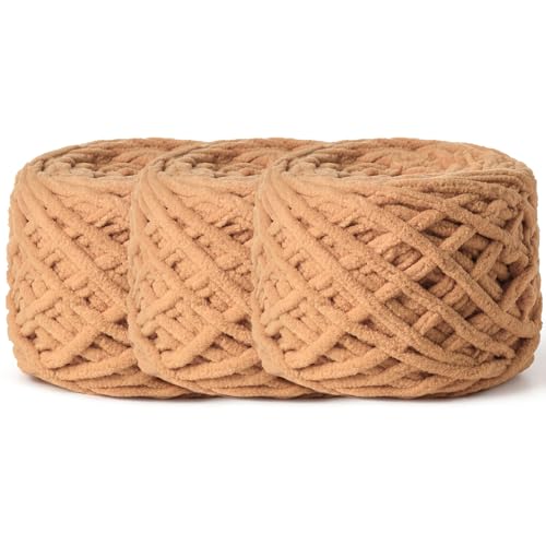 Image of 3 Pack Fluffy Chenille Chunky Yarn for Crocheting 100g(65.6yd) - Baby Yarn for Crocheting Soft - Velvet Yarns for Crochet Blanket - Amigurumi Crochet Yarns (Khaki)