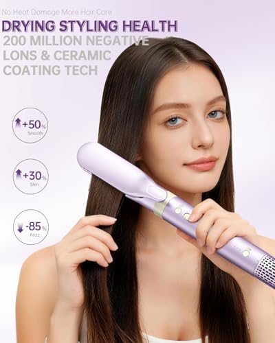 Image of Hair Dryer Brush 7-in-1 Dual Voltage Hot Air Styler - Fast-Drying 110,000 RPM Ionic Blow Dryer with Straightener & Curler Attachments, Frizz-Free Volumizing Styler with Protective Hard Case-Purple