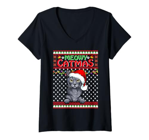 Mujer Meowy Catmas Korat Cat Christmas Groovy Cats Lovers Xmas Camiseta Cuello V