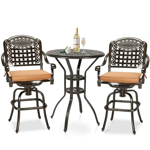 W WARMHOL 3-Piece Patio Swivel Bar Set, High Top Bar Table & Chairs, All-Weather Cast Aluminum Swivel Bar Stools (2) & 31" Table, Patio Bistro Set for Garden