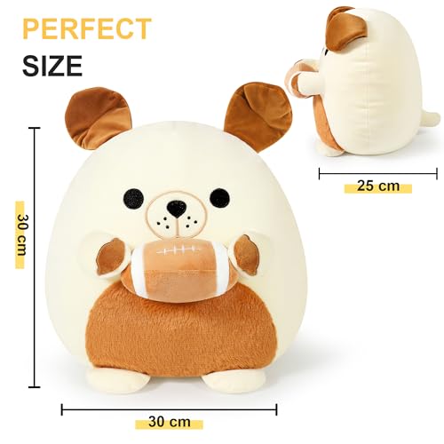 shownicer Plüschtier Bulldogge Hund Kuscheltier Mit Rugby Stofftier Kawaii Hund Plüsch Kissen Spielzeug Hund Wurfkissen Geschenk für Kinder Jungen 3+ Jahre (Hund & Rugby, 30cm)