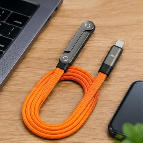 Image of GrunX 240W USB C to USB C Flat Fast Charging Cable with Foldable Stand, 1.5M Unbreakable Nylon Braided, 480Mbps, Compatible with iPhone 17 /16 /15 Series, MacBook, Samsung & iPad (Orange)