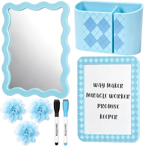 Image of 8 PCS Blue Locker Accessories Kit for Girls with Magnetic Mirror Whiteboard Pen Holder Flower Magnets Cute Aesthetic Locker Decoration Set for School Dorm Office Organization