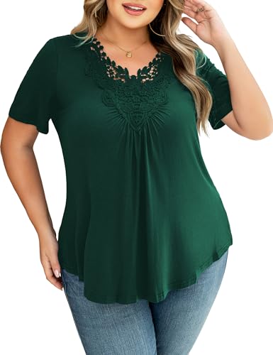 Tralilbee Women's Plus Size Tops Casual Blouse Short Sleeve Lace Crochet Tunic Tops, M-4XL4