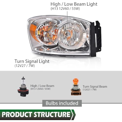 Image of GRAND ORANGE Headlight Assembly w /Bulbs Compatible with Dodge Ram 1500 Truck 2006-2008 /Fit Dodge Ram 2500 3500 Truck 2006-2009 Right Side Clear Lens Chrome Housing Amber Reflector