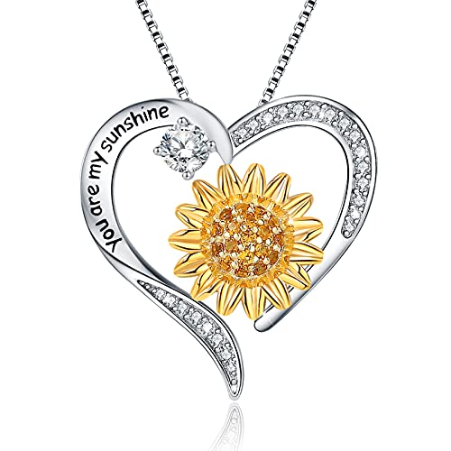 URMWMOO Sunflower Necklace S925 Sterling Silver You are My Sunshine Heart Pendant Necklaces Gold Birthstone Jewelry Sunflower Birthday Gifts for Women