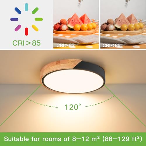 Image of 11.8 Inch Wood LED Flush Mount Ceiling Light 3000K, Black